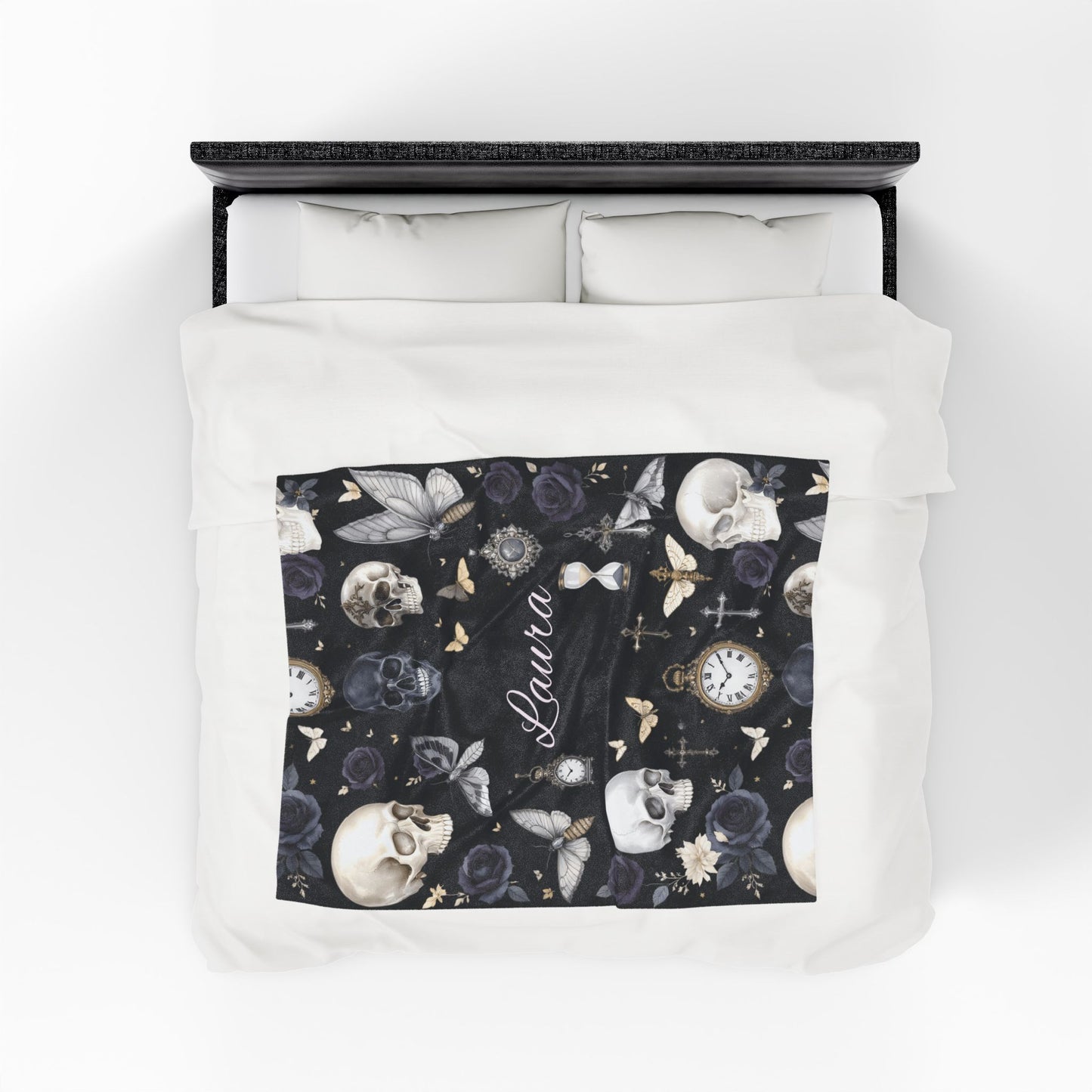 Gothic Skulls and Roses Velveteen Plush Blanket | Personalized Name Option