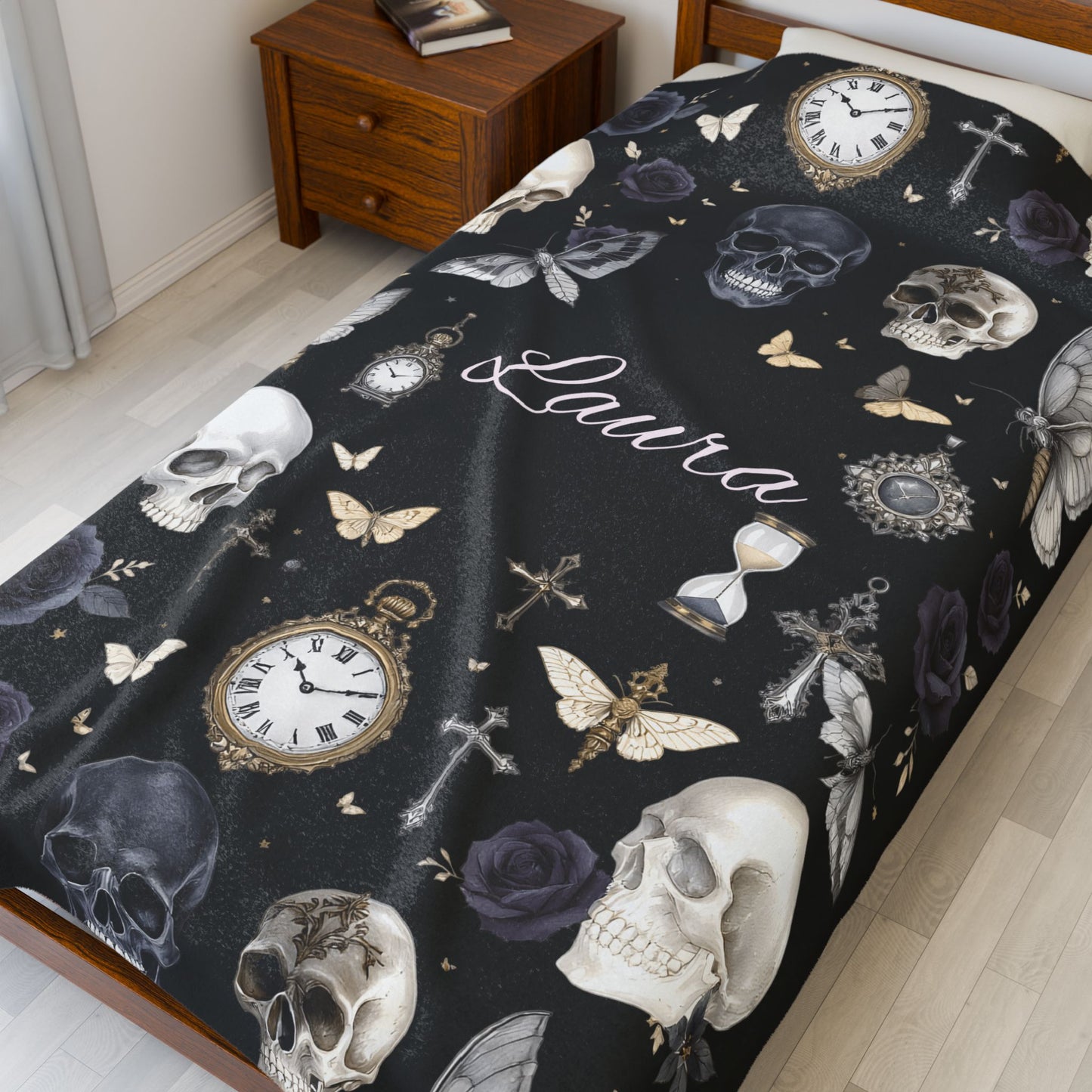 Gothic Skulls and Roses Velveteen Plush Blanket | Personalized Name Option