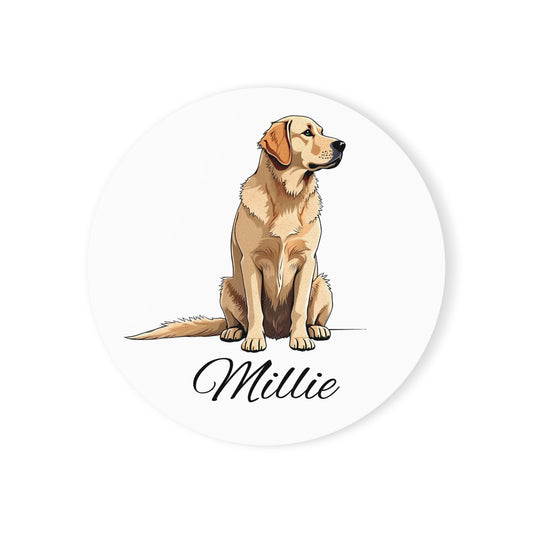 Personalized Golden Retriever Coaster | Custom Dog Name Cork Back Coaster | Dog Lover Gift |