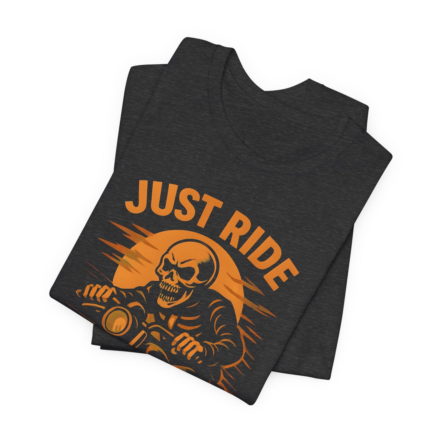 Just Ride Skull Motorcycle T-Shirt, Featuring a striking skull graphic tee design, it captures the essence of the open road, making it a perfect ghost rider shirt for enthusiasts.
