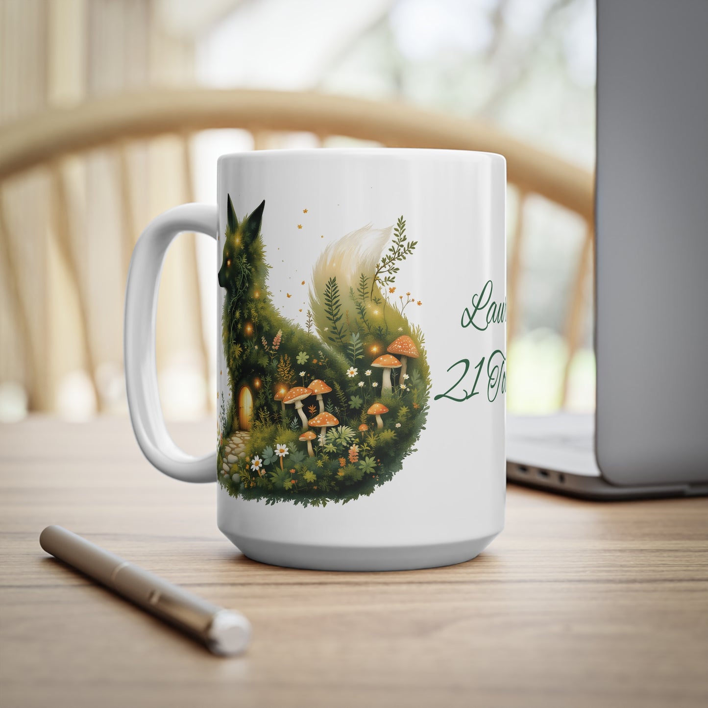 Personalized Moss Fox Mug , Custom Name Woodland Coffee Cup , Cottagecore.