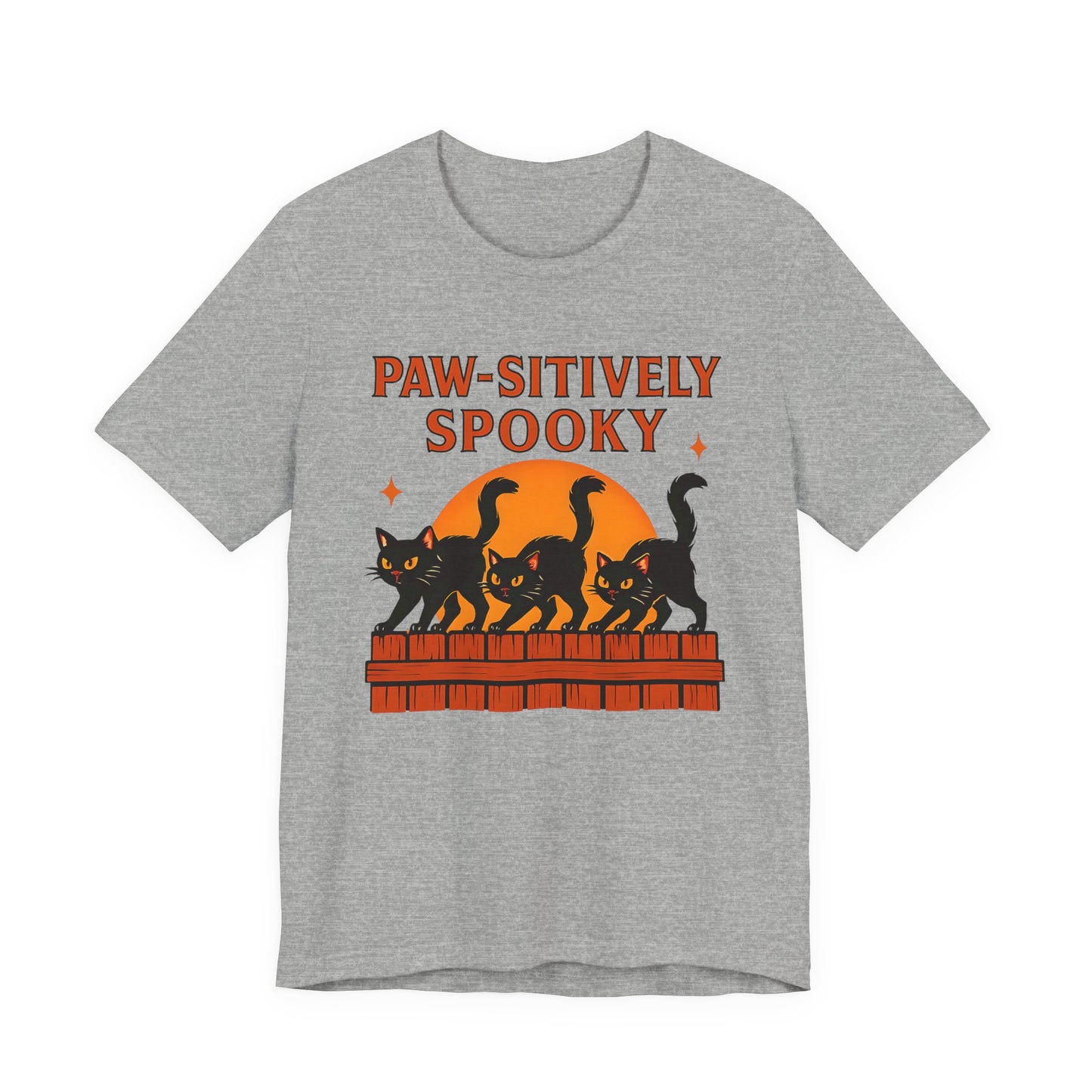 Paw-sitively Spooky Cat Tshirt, Whether you're a devoted cat dad or gifting it to a feline-loving friend, this cute Halloween cat apparel spreads pawsitive vibes with its blend of spooky black cats and cheeky charm.