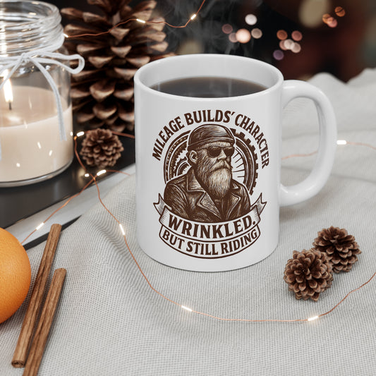 Mileage Builds Character Mug, Whether you're gifting it to a fellow rider or indulging in a biker coffee mug for yourself, it's more than just a drink; it's a tribute to the timeless adventure that says, "you're never too old."