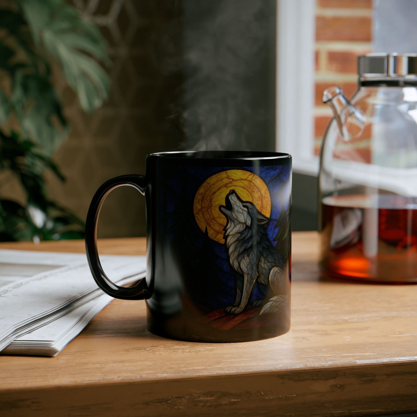 Wolf Coffee Cup with Stained Glass Effect, Ideal for any wolf lover, this wolf cup serves not just as a vessel for your favorite brew but also as a striking symbol of wilderness and wonder.