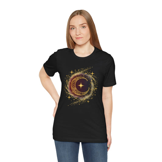 Celestial Crescent Moon Tee ,Lunar Crescent Graphic Tee, Spiritual Astrology Top for Women, Starry Night Top