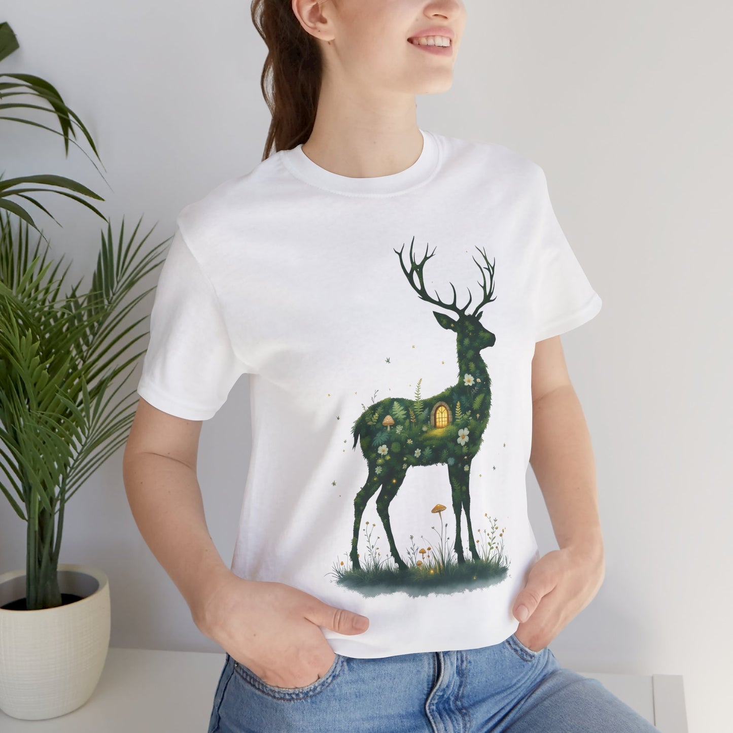 Moss Deer Silhouette Shirt, Forestcore Tee, Botanical Nature Animal Print, Woodland Gift