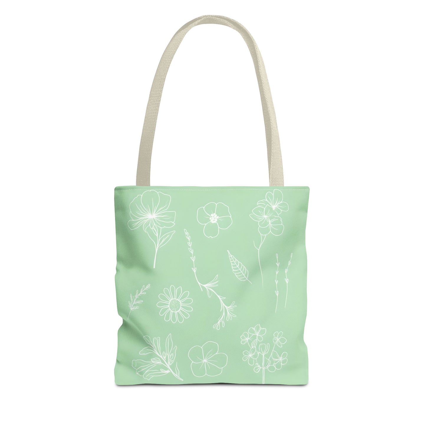Hand drawn style flower print tote, pastel green, Canvas shoulder bag, reusable  lunch bag.