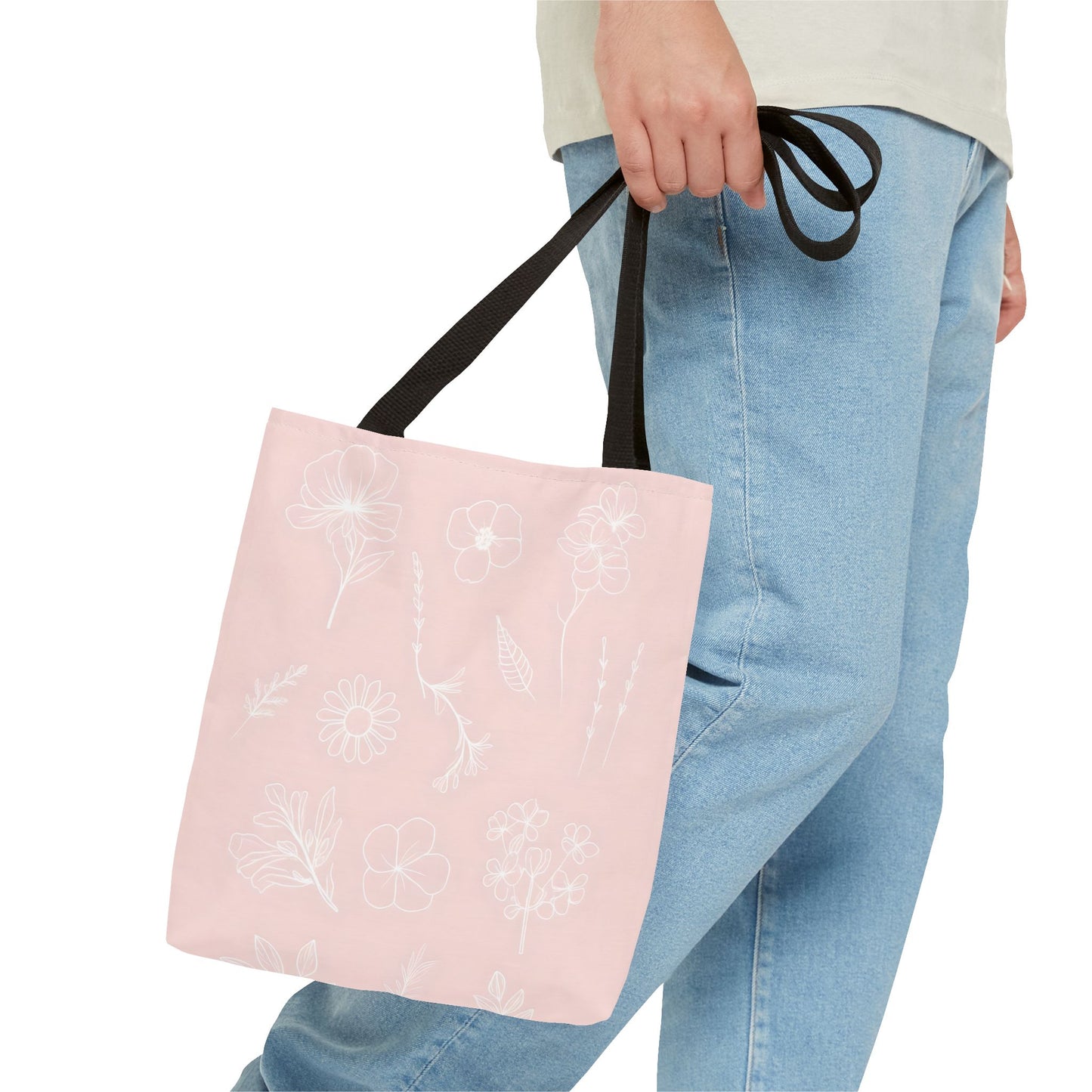 Hand drawn style flower print tote, pastel pink, Canvas shoulder bag, reusable  lunch bag.