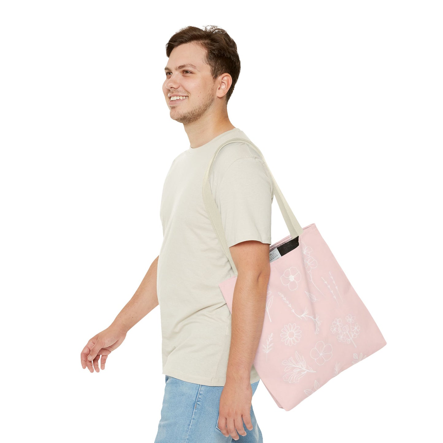 Hand drawn style flower print tote, pastel pink, Canvas shoulder bag, reusable  lunch bag.