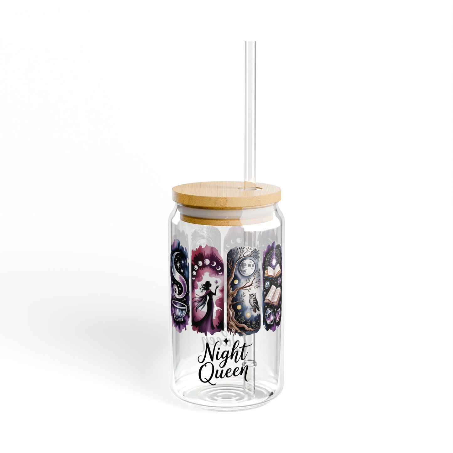 Night Queen Witchy Glass Can | Celestial Moon Tumbler with Lid & Straw