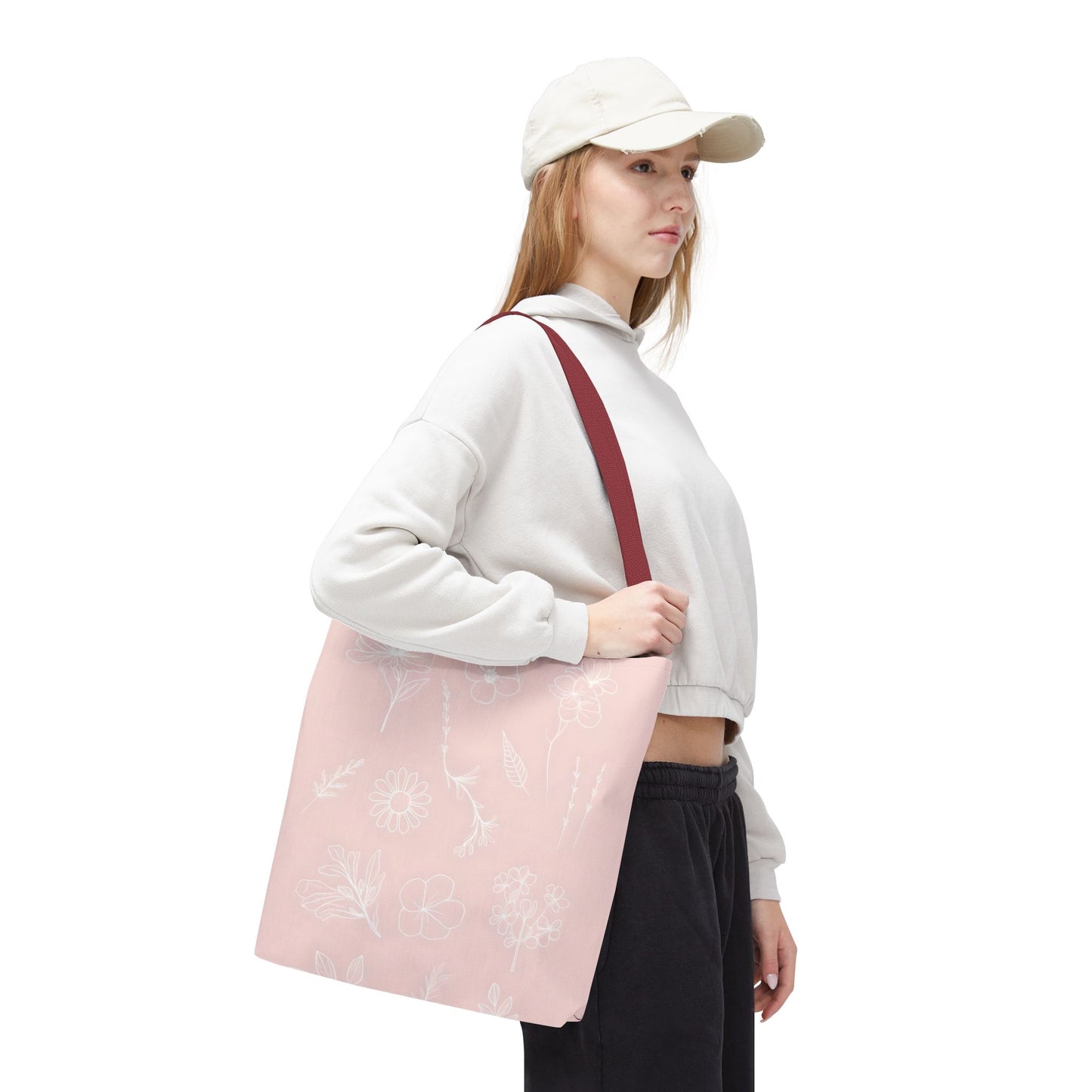 Hand drawn style flower print tote, pastel pink, Canvas shoulder bag, reusable  lunch bag.