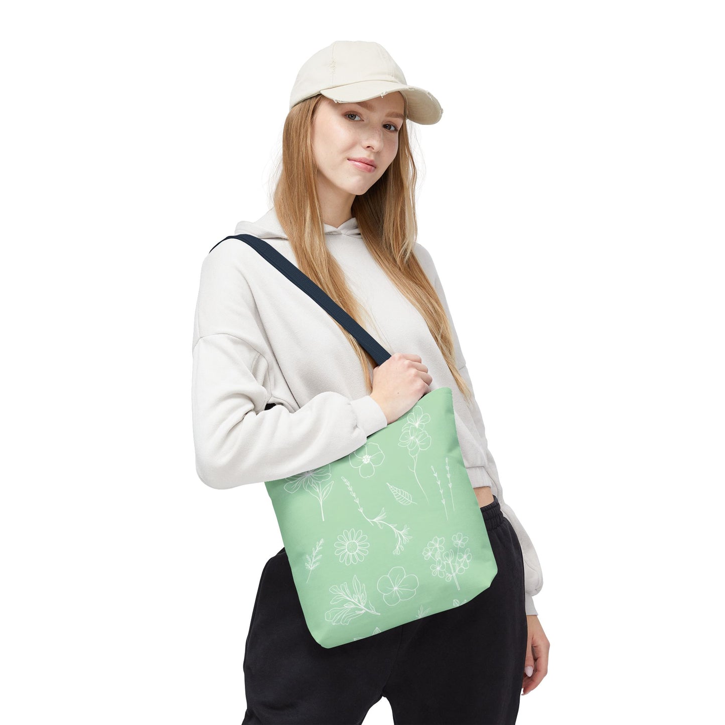 Hand drawn style flower print tote, pastel green, Canvas shoulder bag, reusable  lunch bag.