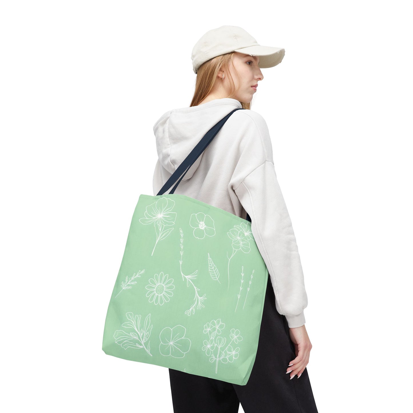 Hand drawn style flower print tote, pastel green, Canvas shoulder bag, reusable  lunch bag.