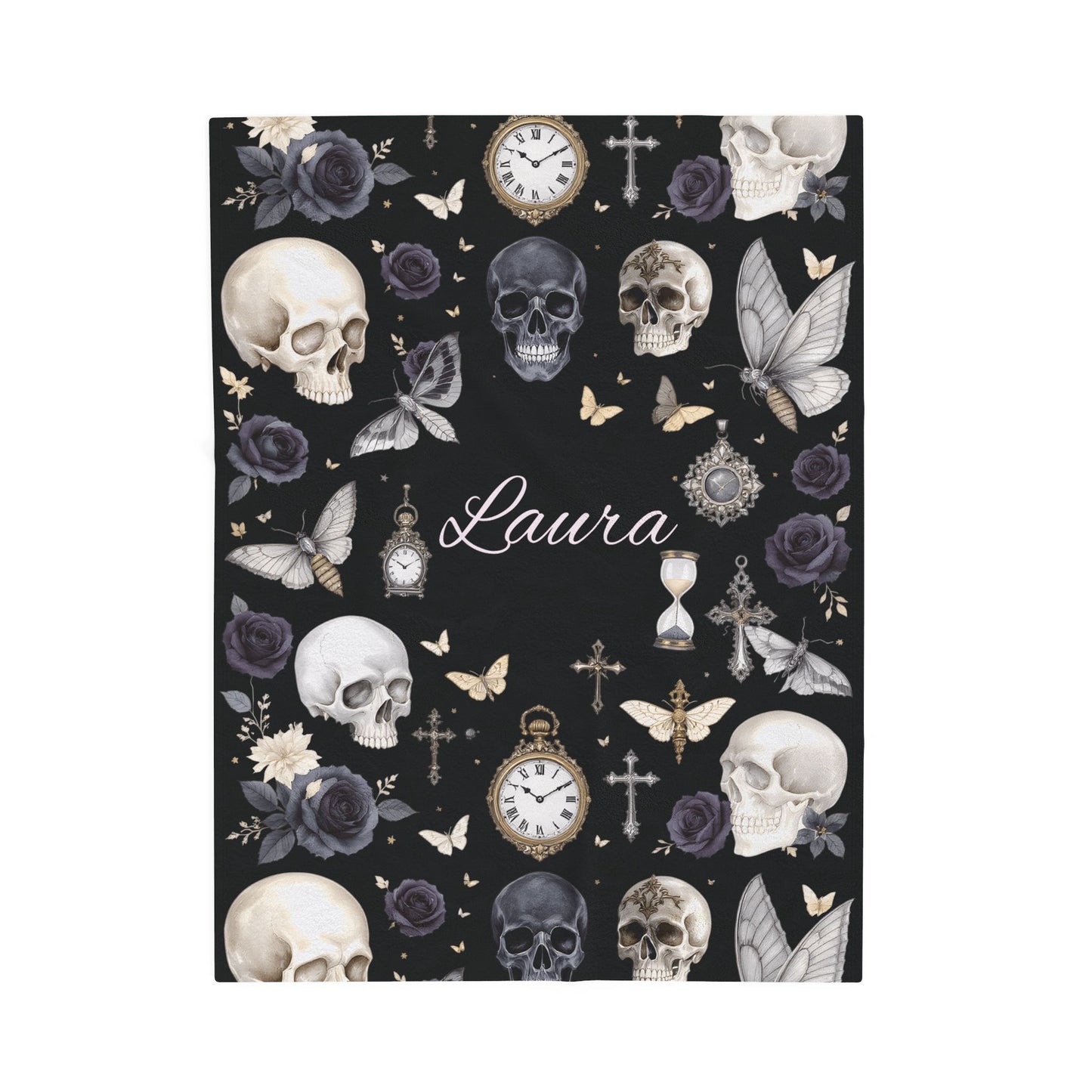 Gothic Skulls and Roses Velveteen Plush Blanket | Personalized Name Option