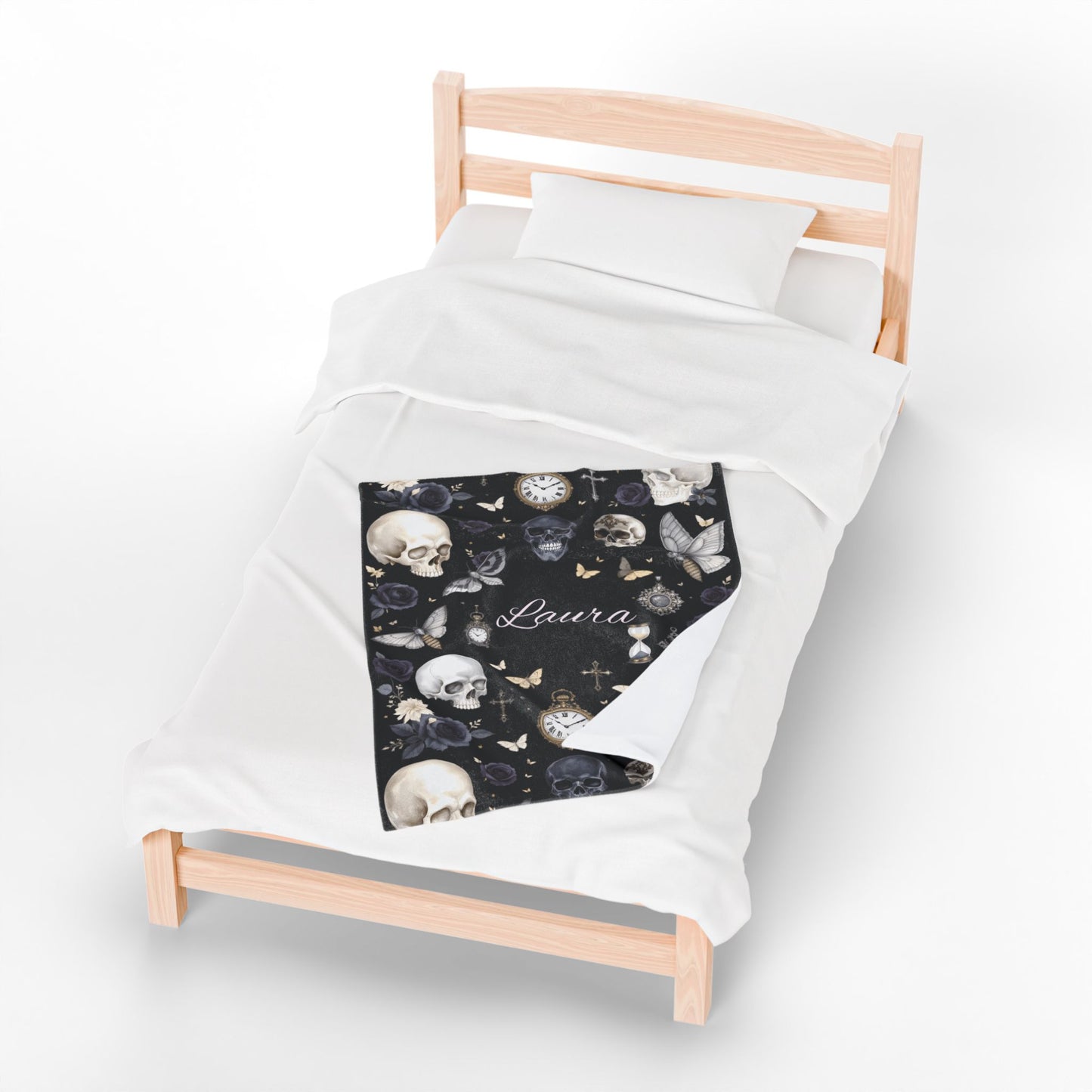 Gothic Skulls and Roses Velveteen Plush Blanket | Personalized Name Option