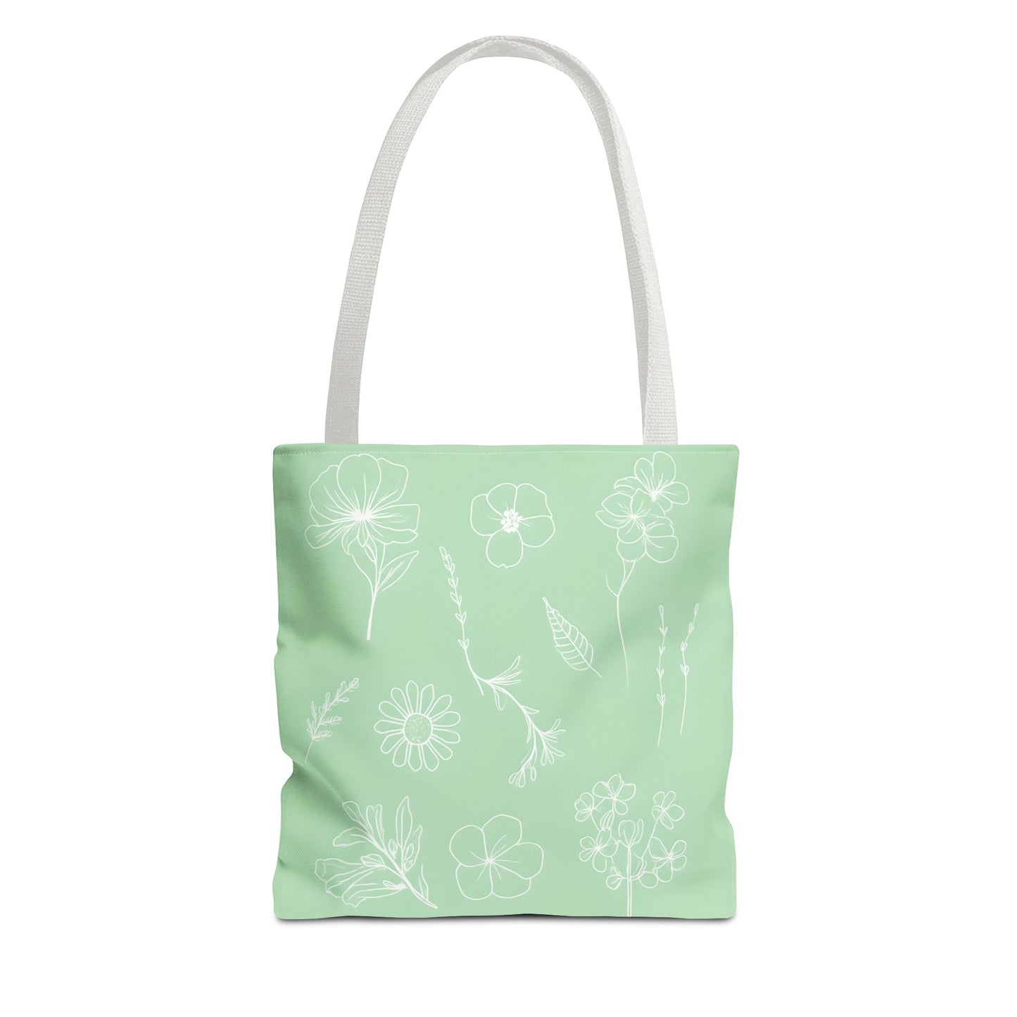 Hand drawn style flower print tote, pastel green, Canvas shoulder bag, reusable  lunch bag.