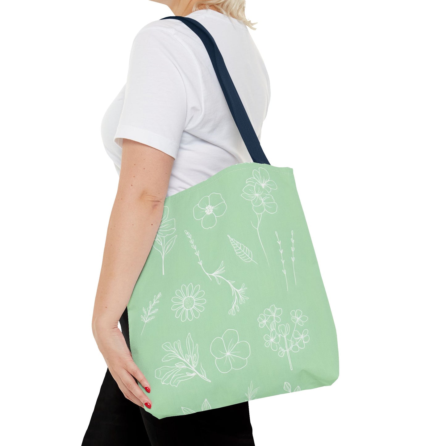 Hand drawn style flower print tote, pastel green, Canvas shoulder bag, reusable  lunch bag.