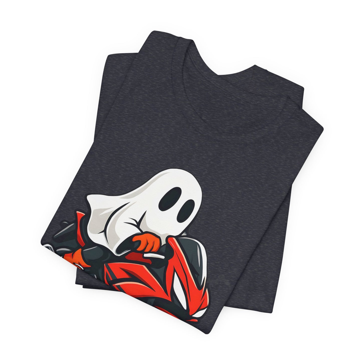 Ghosty Biker T-shirt, This ghost rider shirt captures the essence of Halloween with its hauntingly cool design, making it an essential piece for motorcycle enthusiasts who crave a dose of the supernatural.