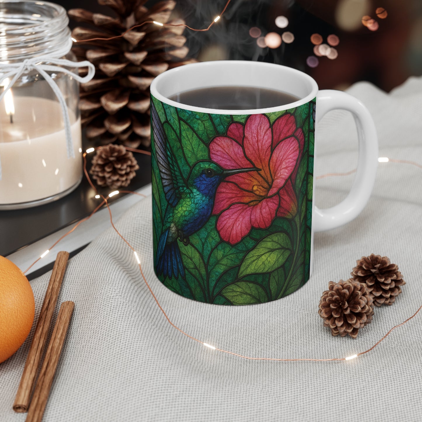 Hummingbird Stained Glass Effect Mug, Perfect as a hummingbird gift for loved ones or a special treat for yourself.