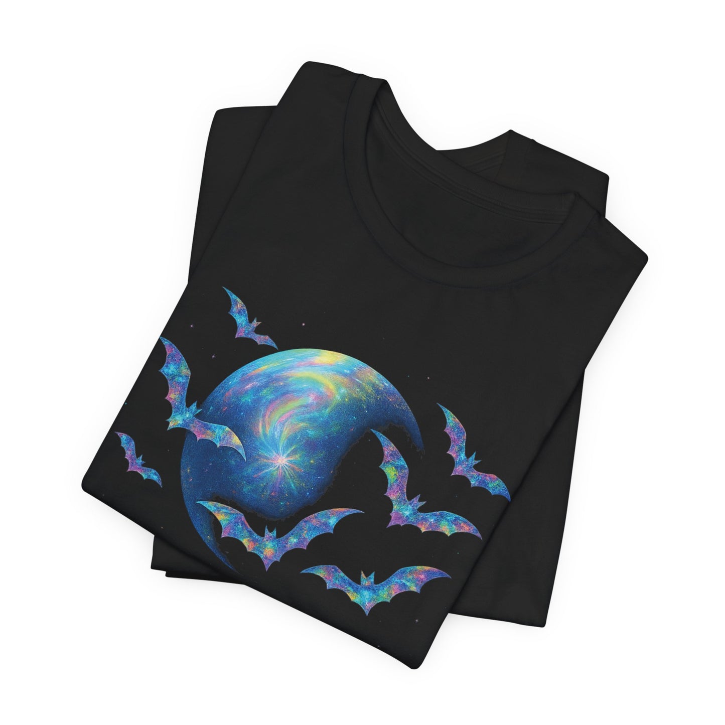 Happy Halloween Holographic style Bat Tshirt, It's a fusion of art and fashion—a masterpiece of holographic art that transforms a simple bat shirt into a standout piece.