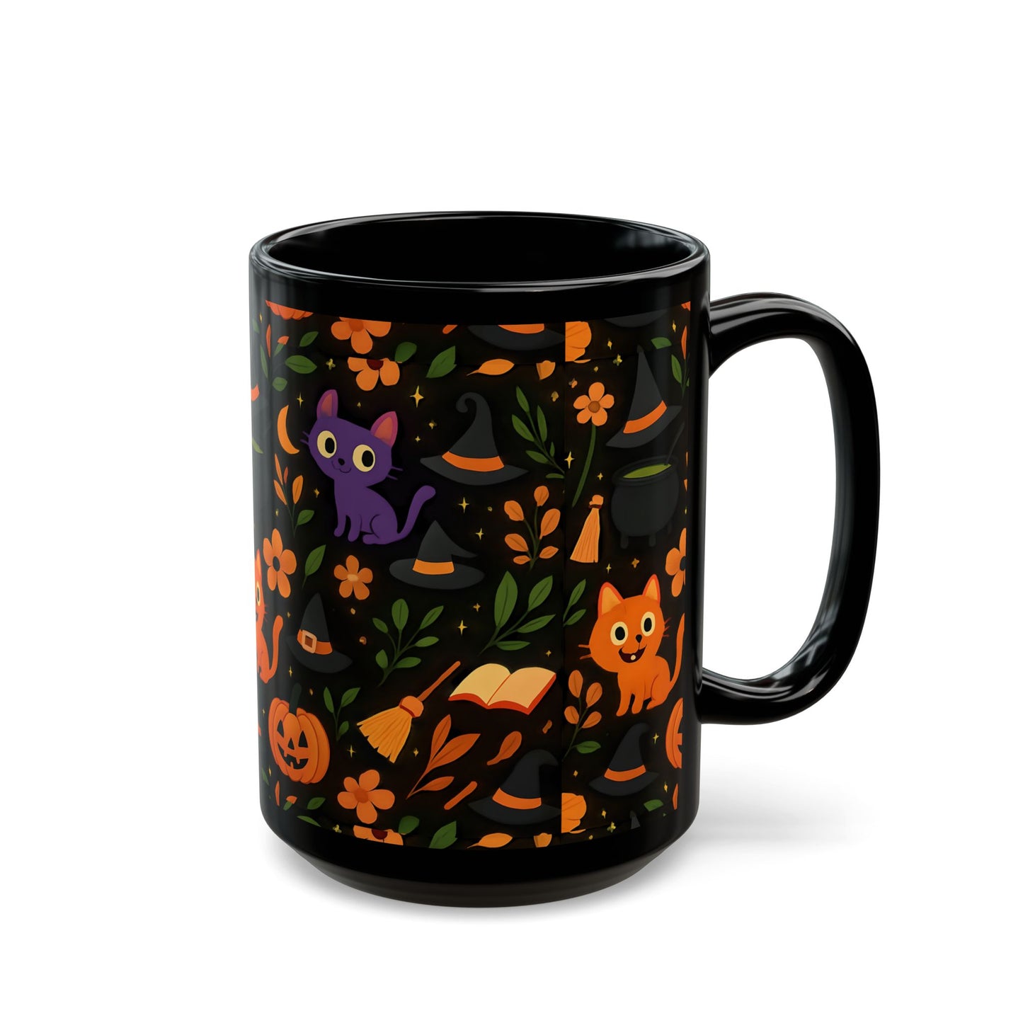 Colourful cat Halloween mug,featuring a cheeky cat with all things Halloween, making it the perfect spooky mug for both hot chocolates and enchanting brews. 