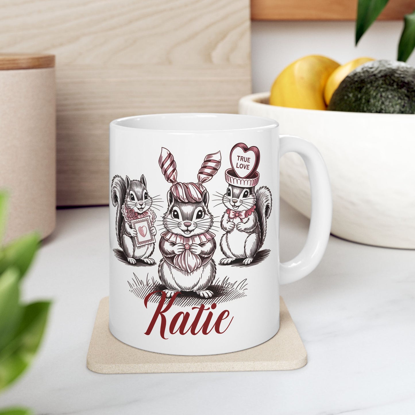 Valentines mug, Rustic woodland cute gift idea, Personalized squirrel mug