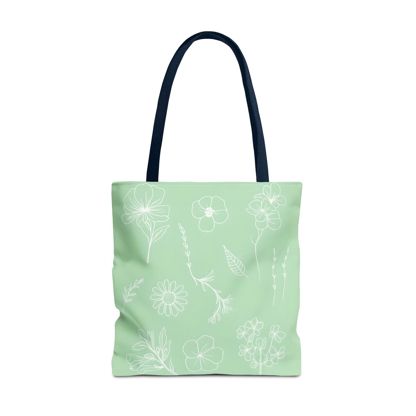 Hand drawn style flower print tote, pastel green, Canvas shoulder bag, reusable  lunch bag.