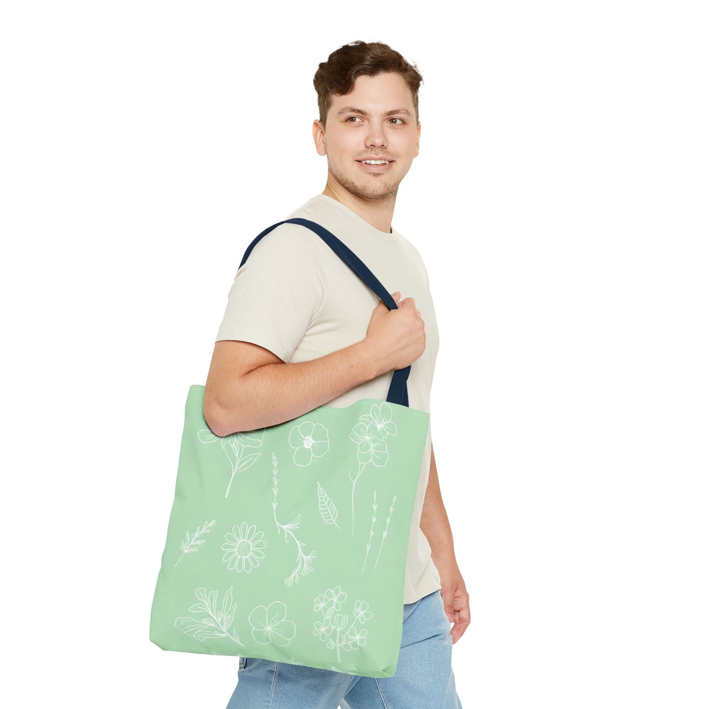 Hand drawn style flower print tote, pastel green, Canvas shoulder bag, reusable  lunch bag.