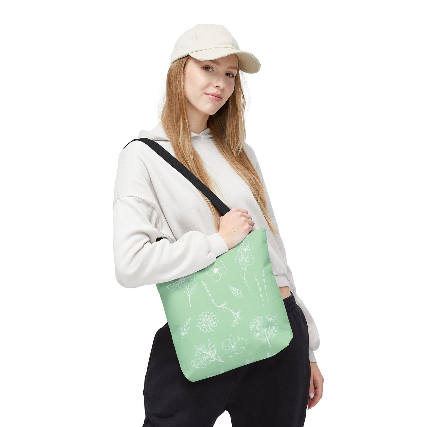 Hand drawn style flower print tote, pastel green, Canvas shoulder bag, reusable  lunch bag.