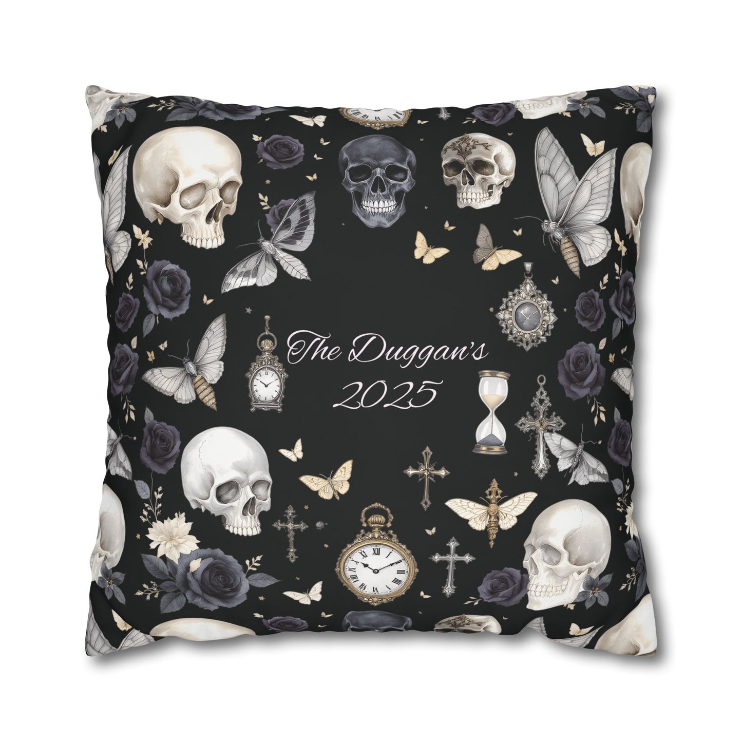 Gothic Skull Floral Pattern Square Pillowcase | gothic throw pillow, personalized whimsigoth decor