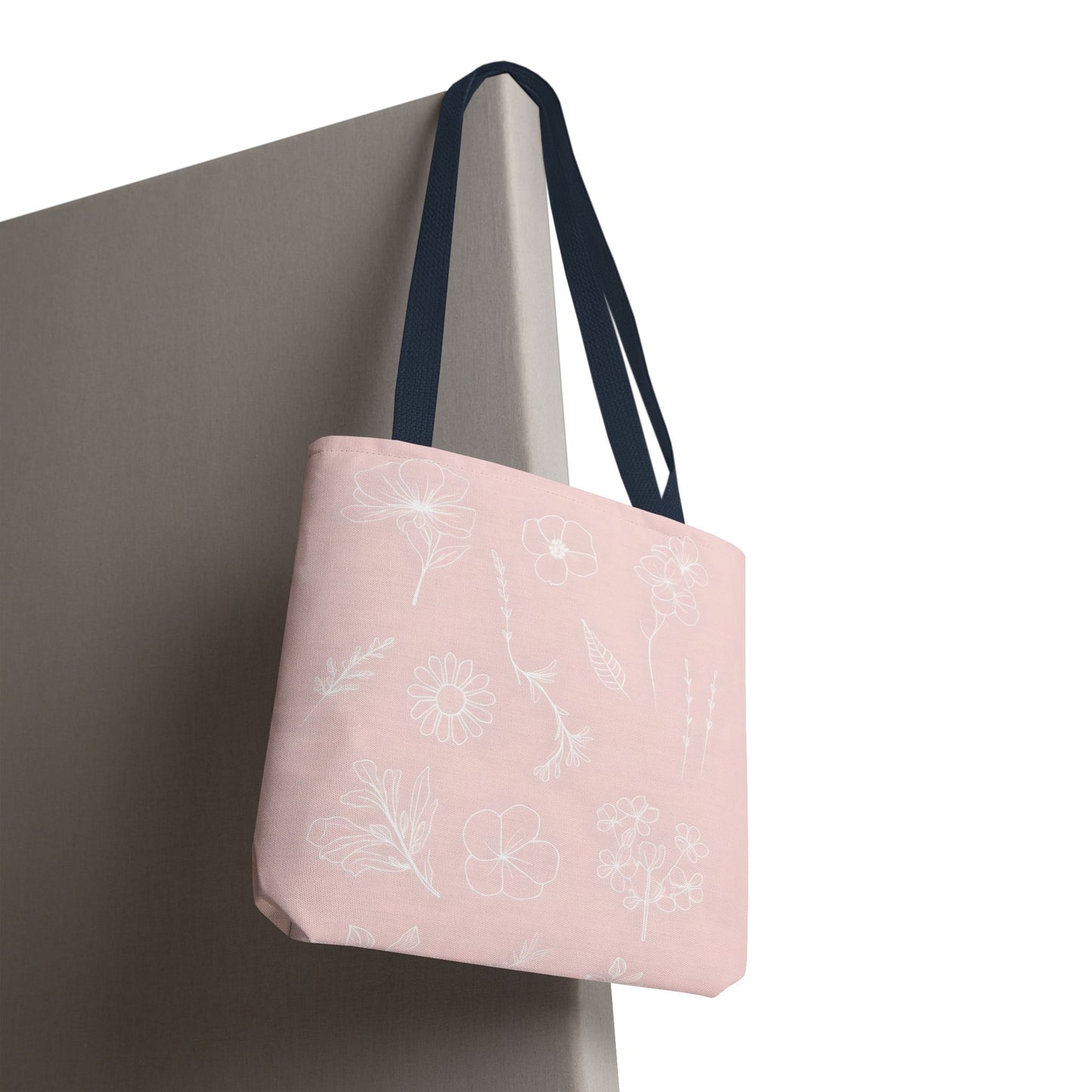 Hand drawn style flower print tote, pastel pink, Canvas shoulder bag, reusable  lunch bag.