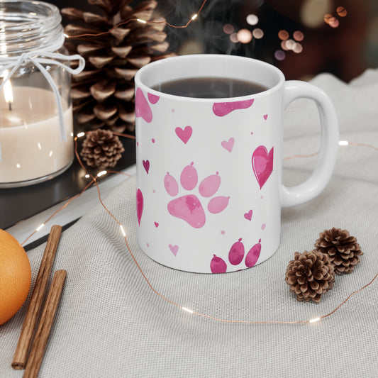 Dog Lover Ceramic Coffee Cup, Pink Paws Design - Great Gift for Pet Lovers, 11oz, 15oz Mug.