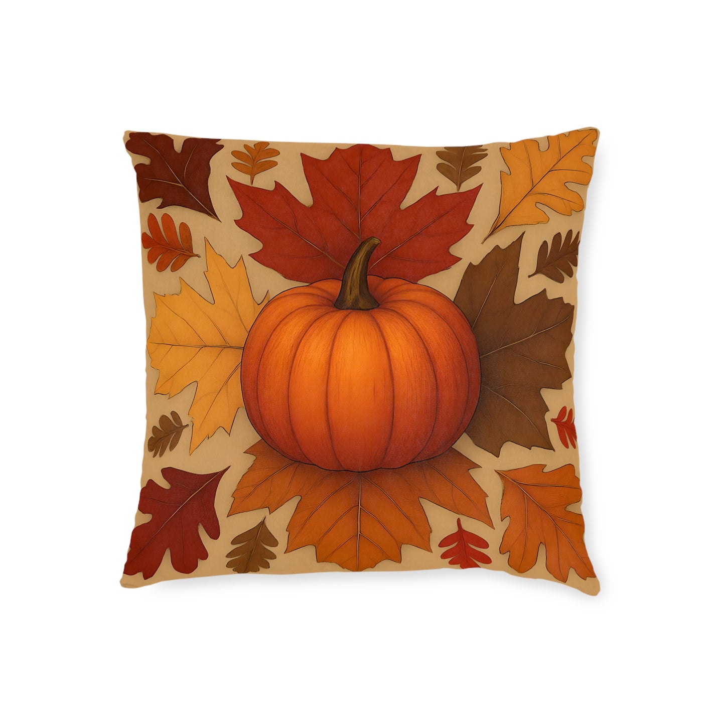 Autumn Leaves and Pumpkin Cushion, This autumn pillow cover captures the essence of "hello autumn" with its vibrant orange tones and delightful pumpkin design.