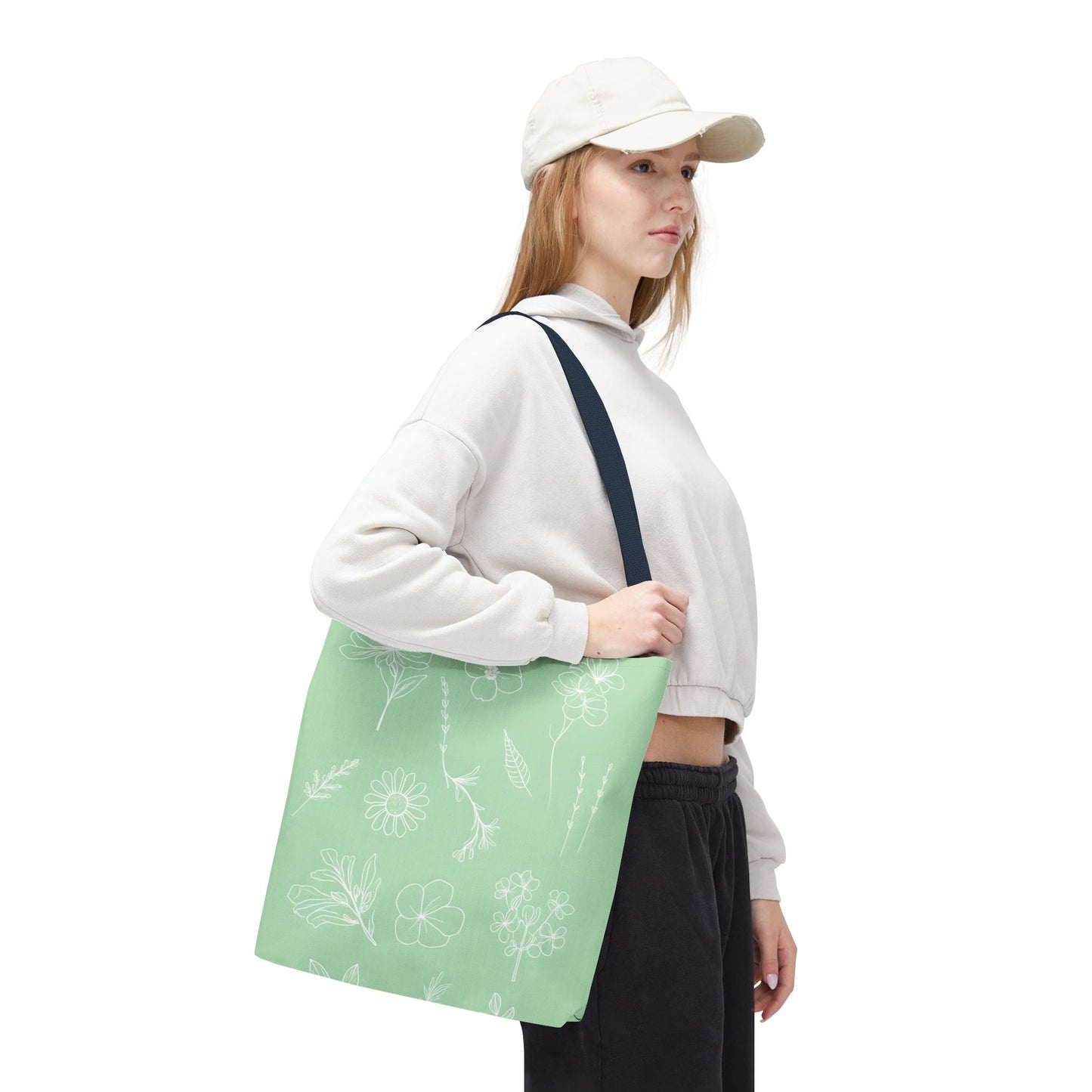 Hand drawn style flower print tote, pastel green, Canvas shoulder bag, reusable  lunch bag.