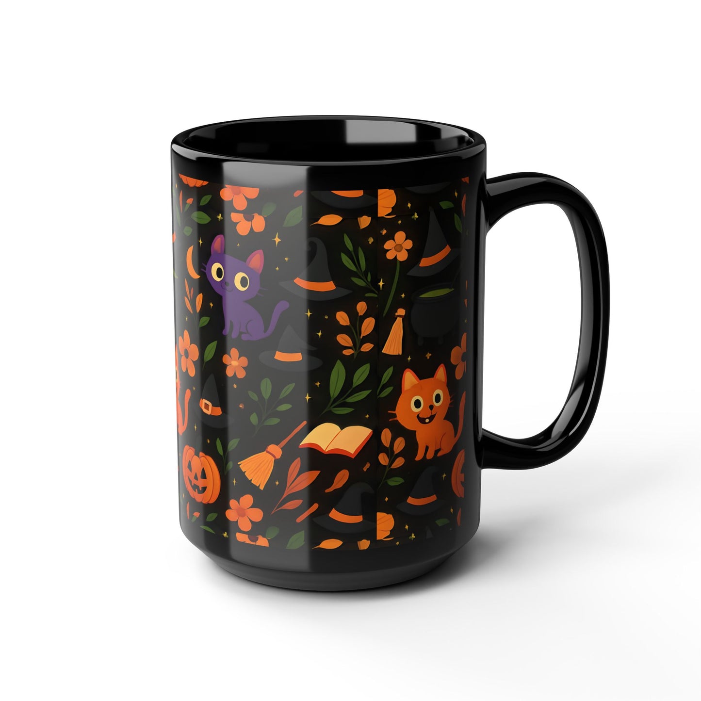 Colourful cat Halloween mug,featuring a cheeky cat with all things Halloween, making it the perfect spooky mug for both hot chocolates and enchanting brews. 